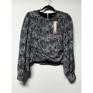 NWT DO+BE Black/White Animal Print Twist Front Drapey Blouse, Sz S